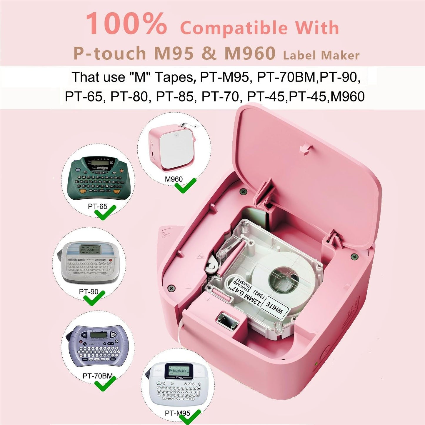 Label Maker Tape- M950 Laminated Labels, 12mm 0.5 Inch, 4m, Black on White, for PT-M95 PT-90 PT-70 M950 Label Maker, Compatible with P Touch M Tape,M231 MK231,for Back to School Supplies