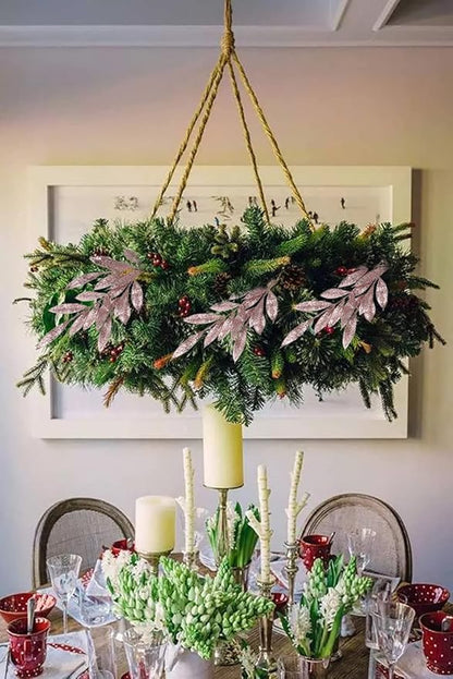 DILATATA 6Pcs Christmas Glitter Leaves Bay Leaves Spray 24" Artificial Rose Gold Bay Leaf Picks Sprays Giltter Stems for Christmas Tree DIY Xmas Wreath Garland Home Decor - Rose Gold