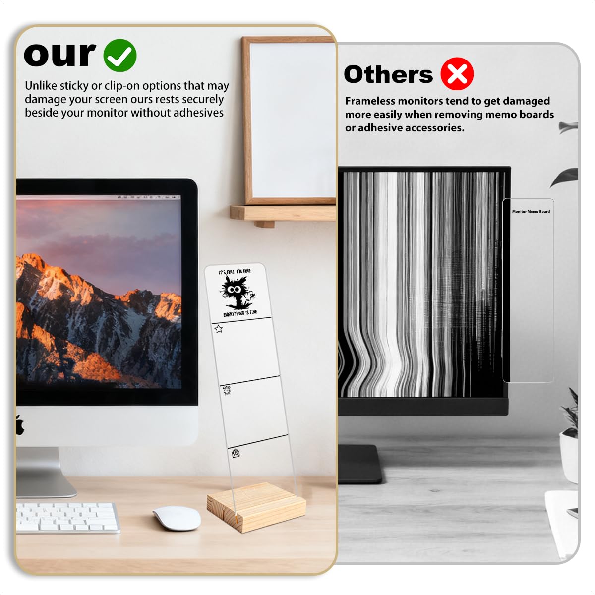 Monitor Memo Board with Removable Wooden Base Acrylic Portable Sticky Note Holder, It's Fine I'm Fine Everything is Fine Logo Office Desk Desk Set Sticky Notes 100 Sheets