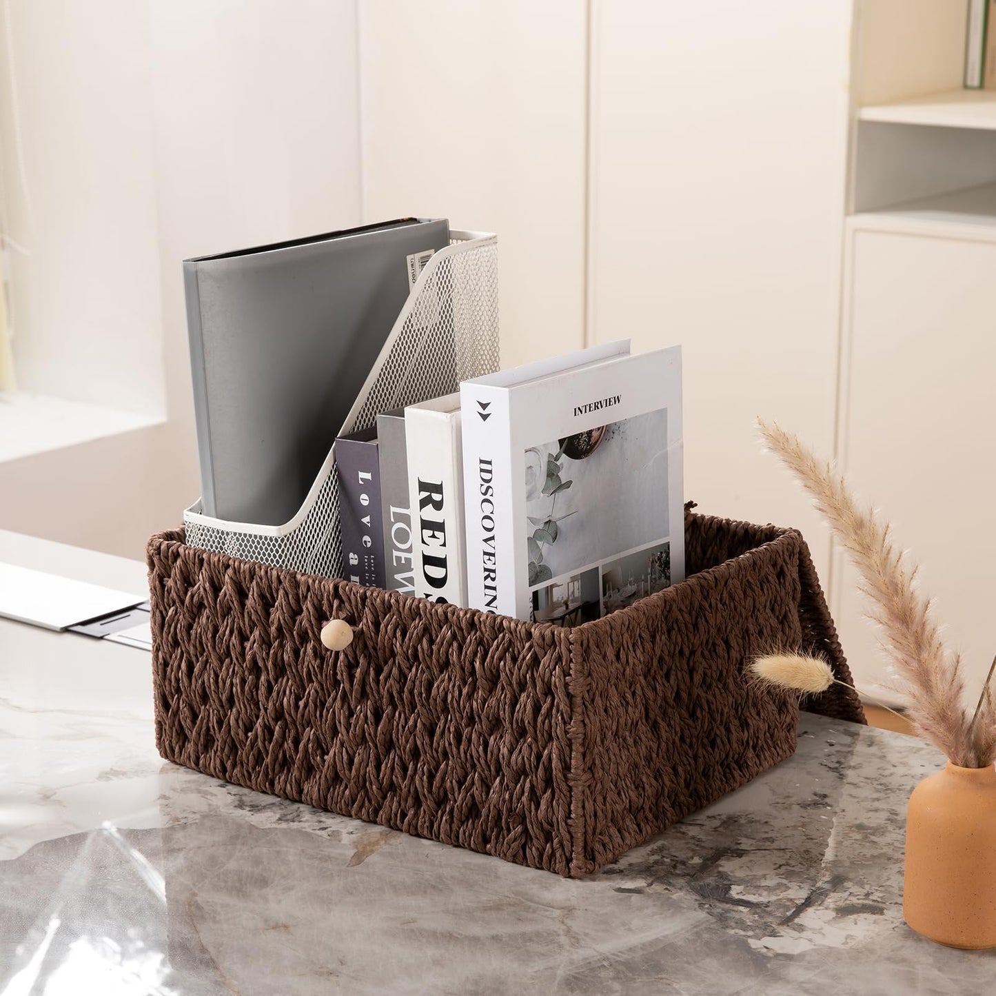 OIAHOMY Wicker Storage Basket with Lid & Lock, Lidded Storage Bins, Decorative Baskets for Organizing, Set of 2-Brown