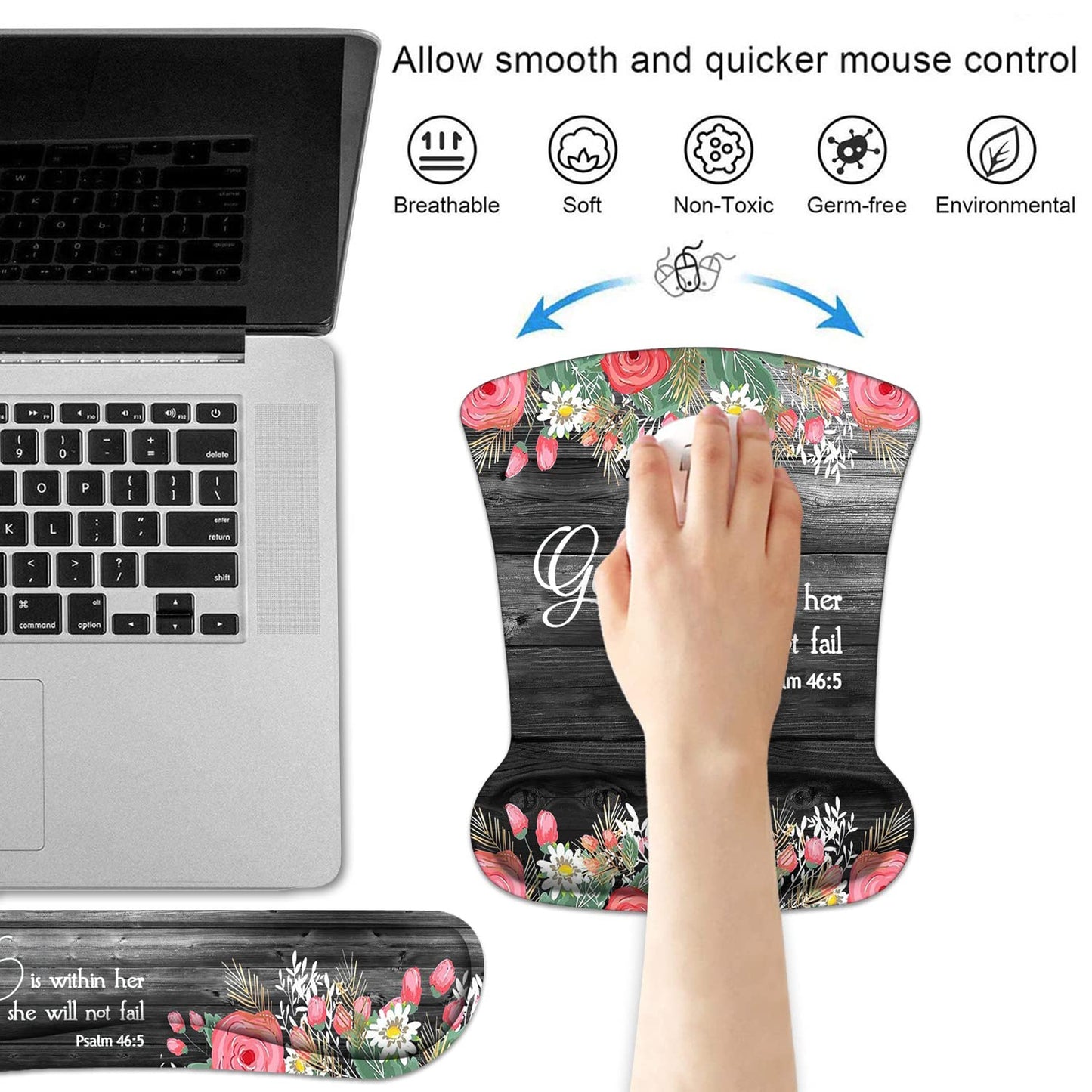 Keyboard Wrist Rest and Mouse Wrist Rest Pad Set with Coasters, Ergonomic Support, Non-Slip PU Base, Easy Typing & Pain Relief for Home Office Working Studying, Floral Quote Bible Verses Psalm 46:5
