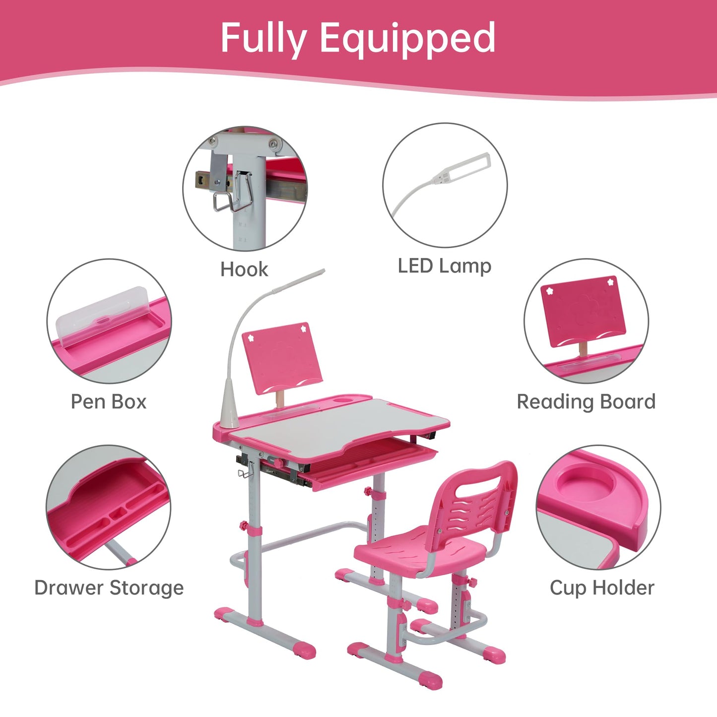 SMAGREHO Kids Desk and Chair Set, Height Adjustable Child's School Study Writing Tables with Tilt Desktop, LED Light, Storage Drawer, Book Stand (Pink)