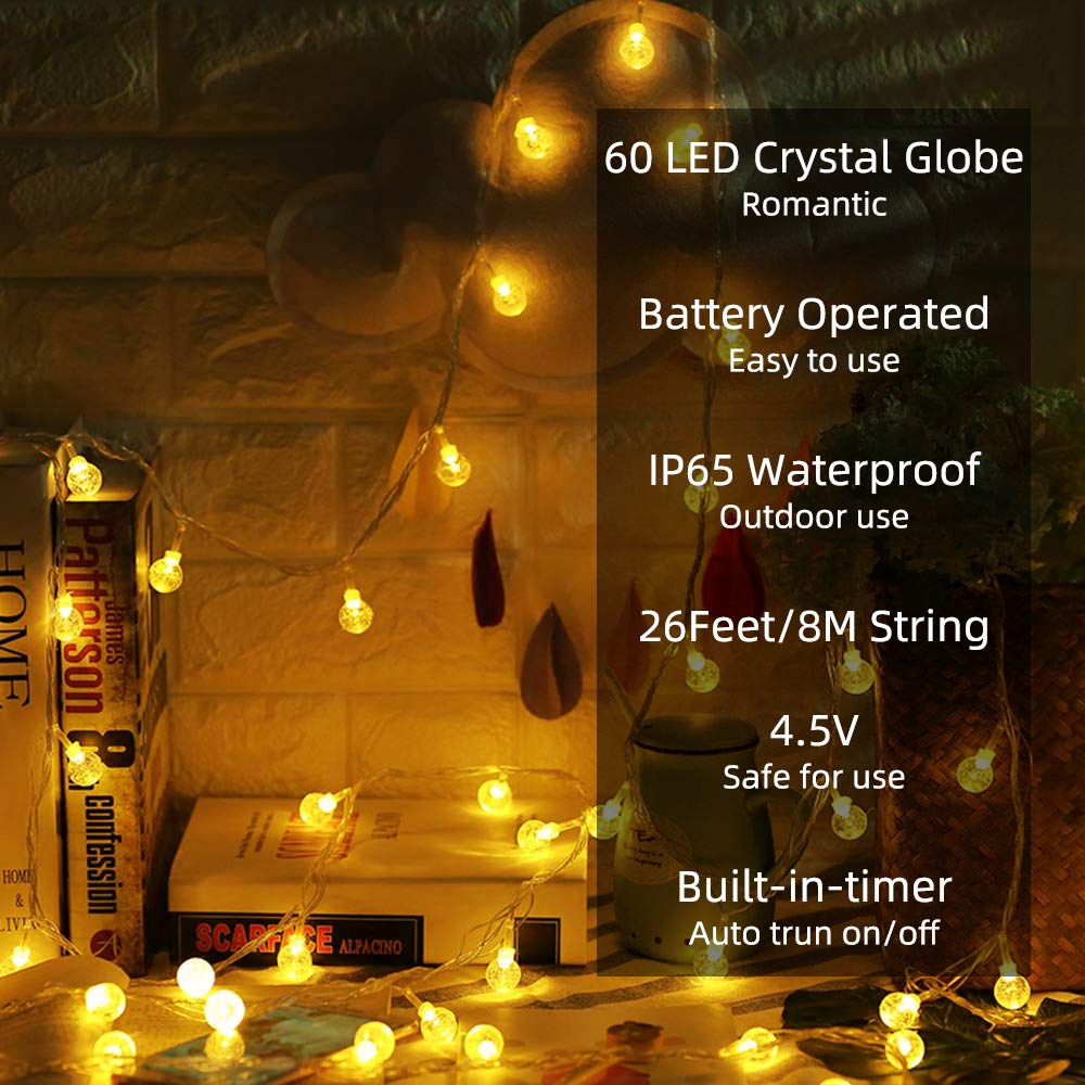 Metaku Globe String Lights Fairy Battery Operated 26ft 60LED with Remote Waterproof Indoor Outdoor Hanging Decorative Christmas for Home Party Patio Garden Wedding