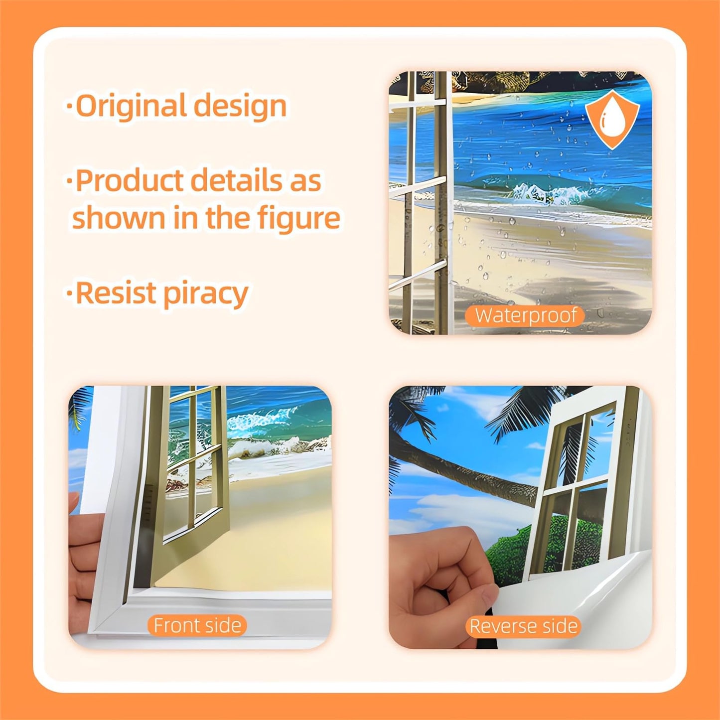 Seafront Beach Coconut Tree Fake Window Wall Stickers, sacinora 3D Seashores Seascape Wall Decals Removable Vinyl Peel and Stick Living Room Bedroom Art Home Decorations