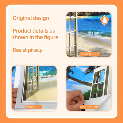 Seafront Beach Coconut Tree Fake Window Wall Stickers, sacinora 3D Seashores Seascape Wall Decals Removable Vinyl Peel and Stick Living Room Bedroom Art Home Decorations