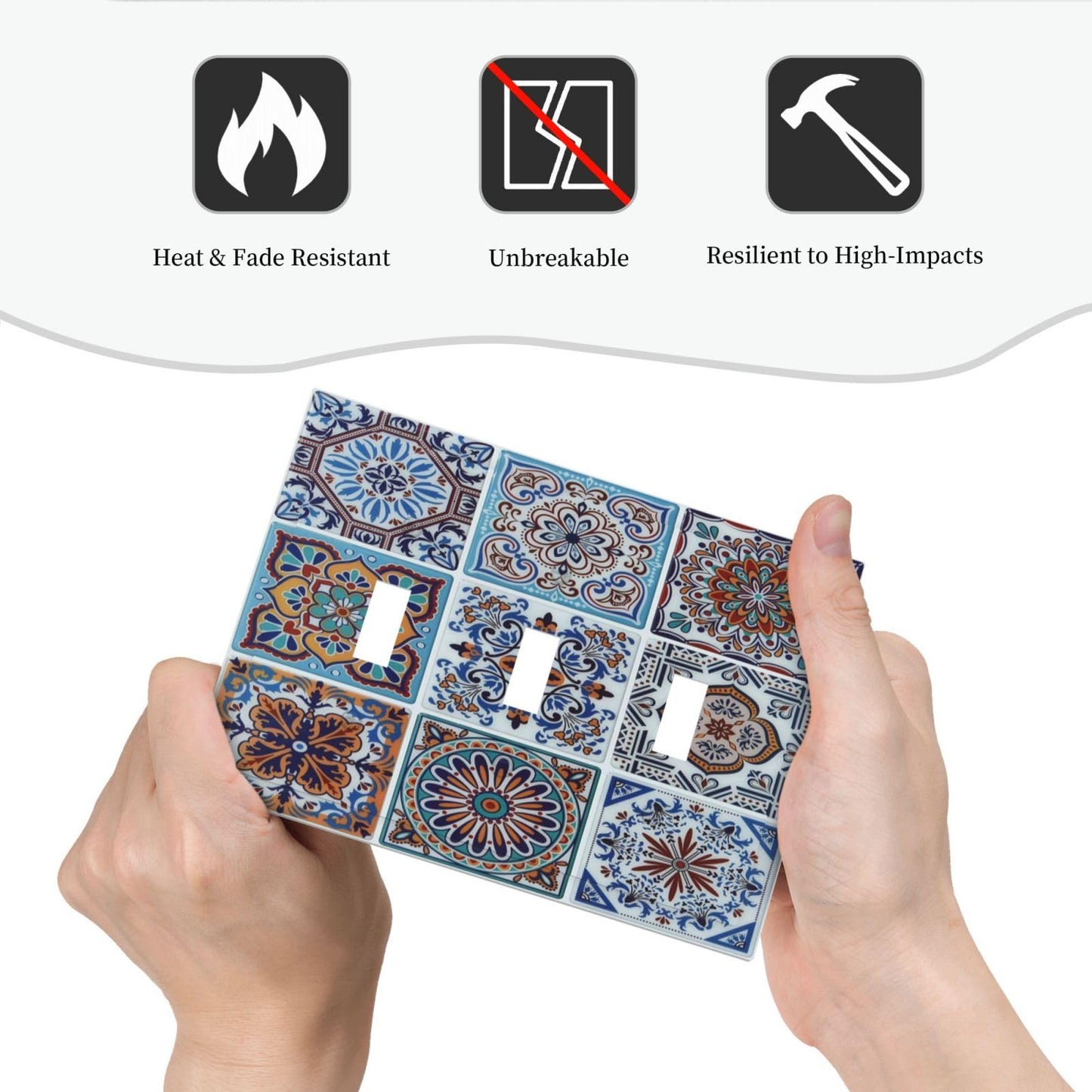 Spshian Decorative Switch Plate Covers Mexican Talavera Tile 3 Gang Light Switch Cover Blue Moroccan Style Pattern Triple Toggle Wall Plate Electrical Faceplate for Bathroom Home Kitchen Bedroom Decor