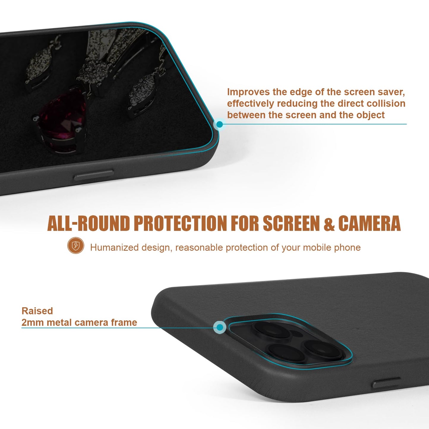 Rumwot for iPhone 15 Pro Leather Case | Genuine Full Grain Leather| Compatible with MagSafe and Wireless Charging | Metal Buttons Camera Bezel | Slim Fit-Drop and Scratch Resistant(Black)