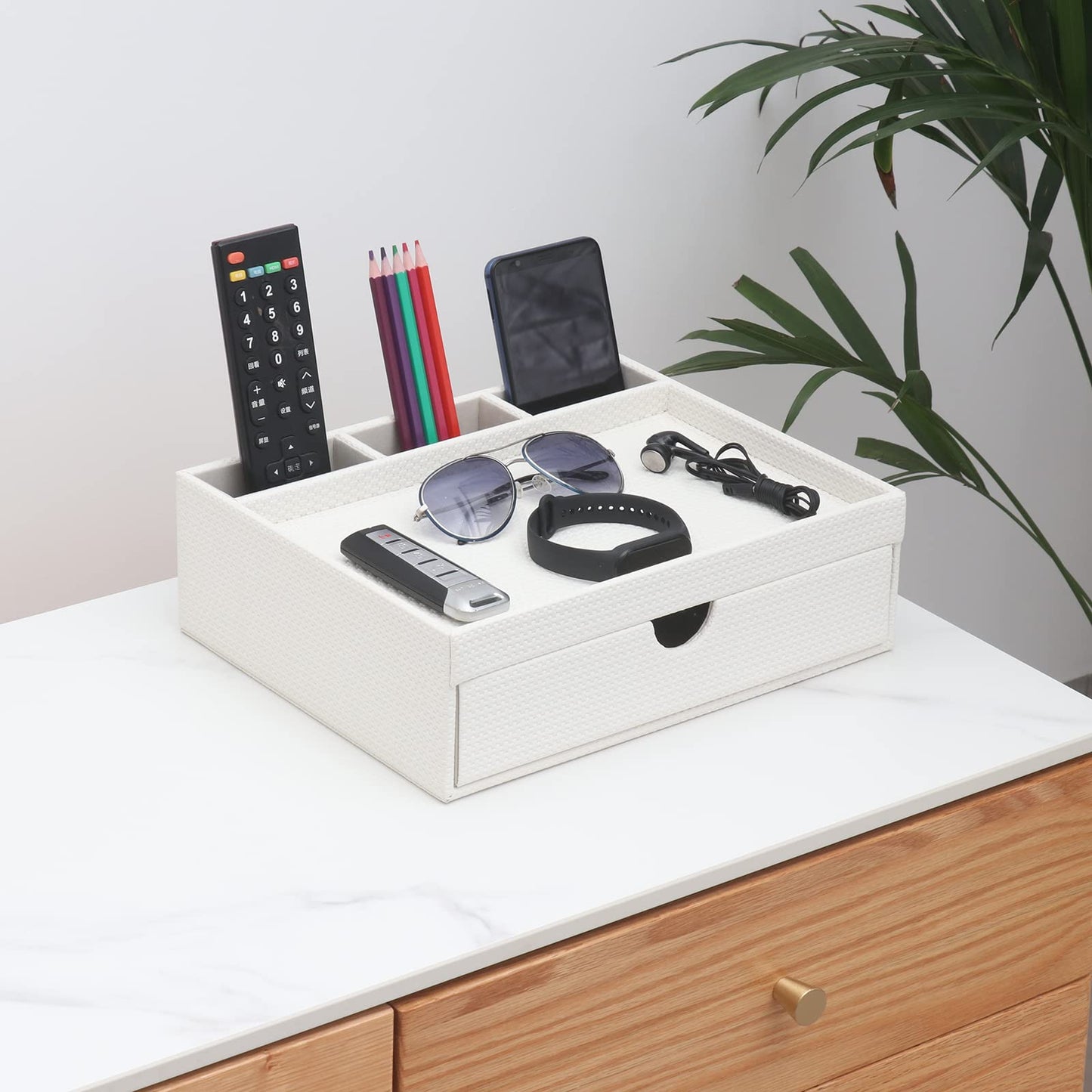 SYRWDXTX Leather Desk Organizer With Drawers, Home Cosmetics & Phone Remote Organizer, Drawer Plus Divider & Tray (white)