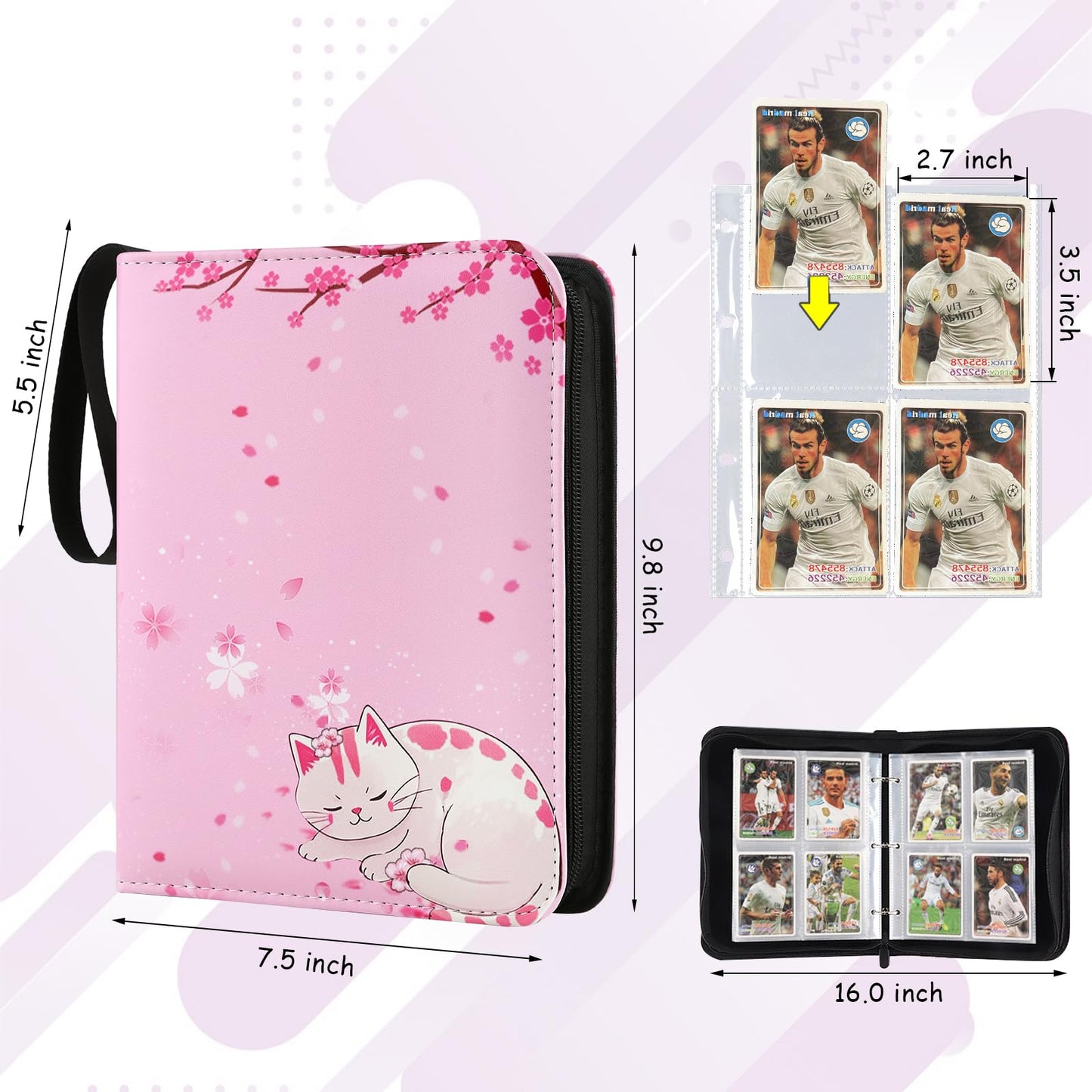 EYEGLEAM Card Binder 4-pocket,400 Pockets Trading Card Holder Album Book Case for TCG Cards Collection Sports Trading Cards Collector Album for Boys Girls Toys Gift Pink Sakura Cat