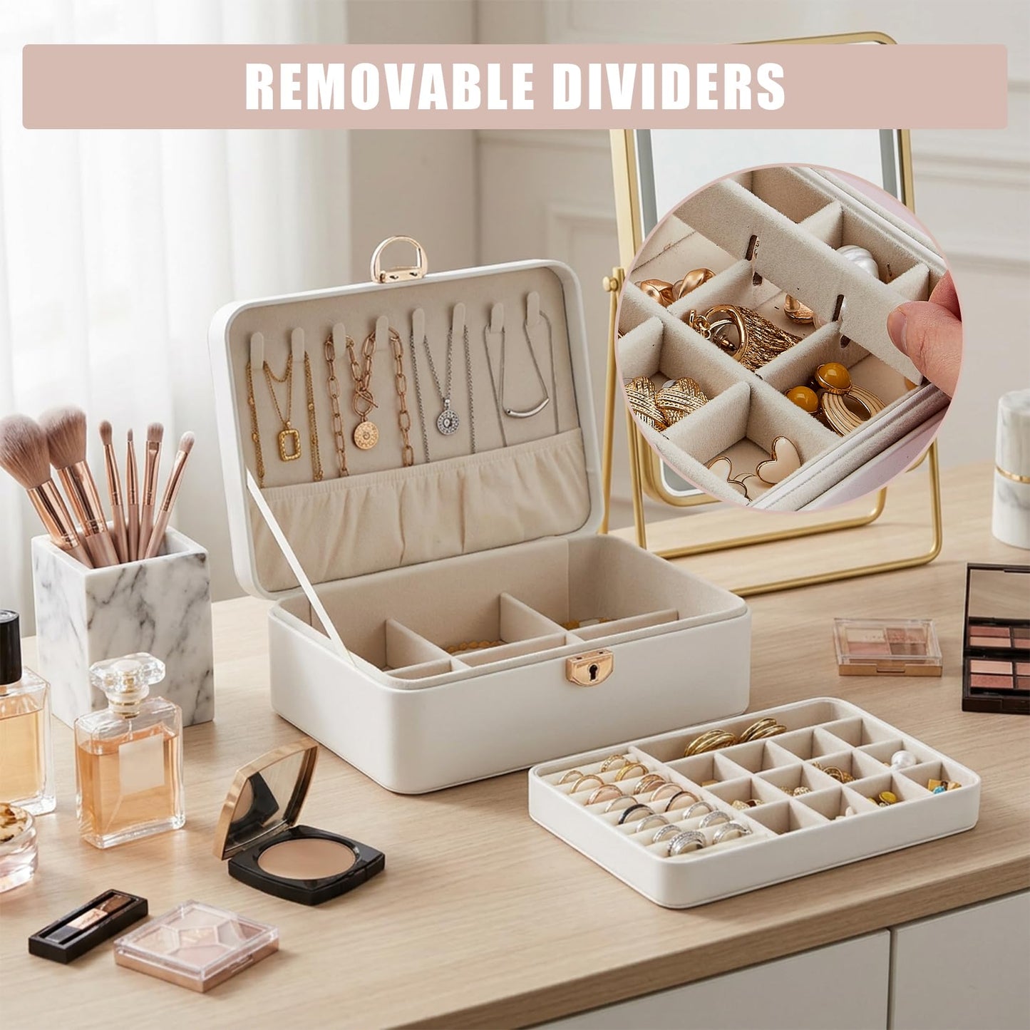 GarveeHome 1PC 2-Layer Jewelry Box Organizer, PU Leather Lockable Jewelry Storage Case for Women Girls, White/Champagne, Portable Display Box for Rings, Necklaces, Earrings
