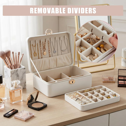 GarveeHome 1PC 2-Layer Jewelry Box Organizer, PU Leather Lockable Jewelry Storage Case for Women Girls, White/Champagne, Portable Display Box for Rings, Necklaces, Earrings