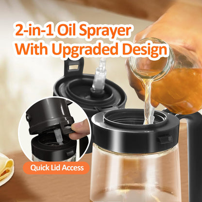 YARRAMATE 16oz/470ml Easy Refillable Oil Sprayer for Cooking, 2 in 1 Oil Dispenser for Kitchen and Oil Sprayer Bottle, Food-Grade Glass Oil Mister with Simple Open Design, Air Fryer,BBQ (Black)