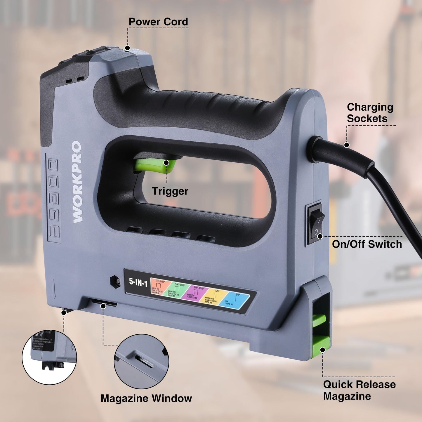 WORKPRO 5 in 1 Staple Gun,110V Corded Brad Nailer with 2000 Staples and Nails, Electric Staple Gun for DIY Project of Woodworking
