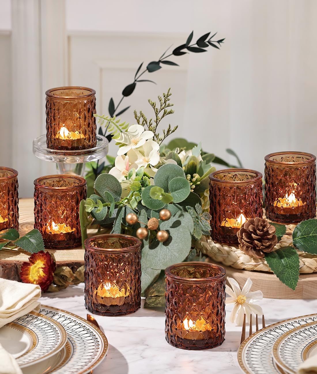 TripodBird 36 Pack Amber Votive Candle Holders, Glass Tea Lights Candle Holder for Boho Wedding Decor,Amber Candle Holders for Home Decor Gift Fall Wedding Christmas, Thanksgiving Party Table