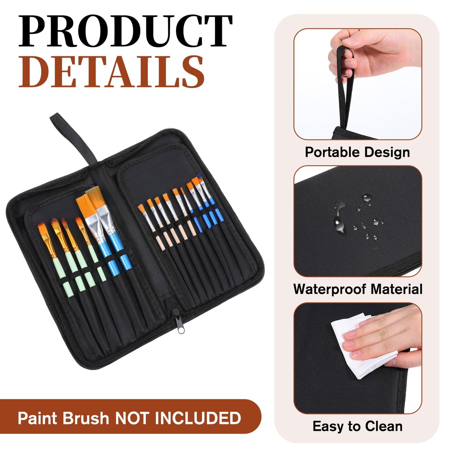 Skrfren Paint Brush Case, Paint Brush Holder with 15 Slots Canvas Brush Organizer with Pop-Up Stand Design Travel Watercolor Brushes Holder Zipper Closure for 11 Inch Art and Makeup Brushes Black