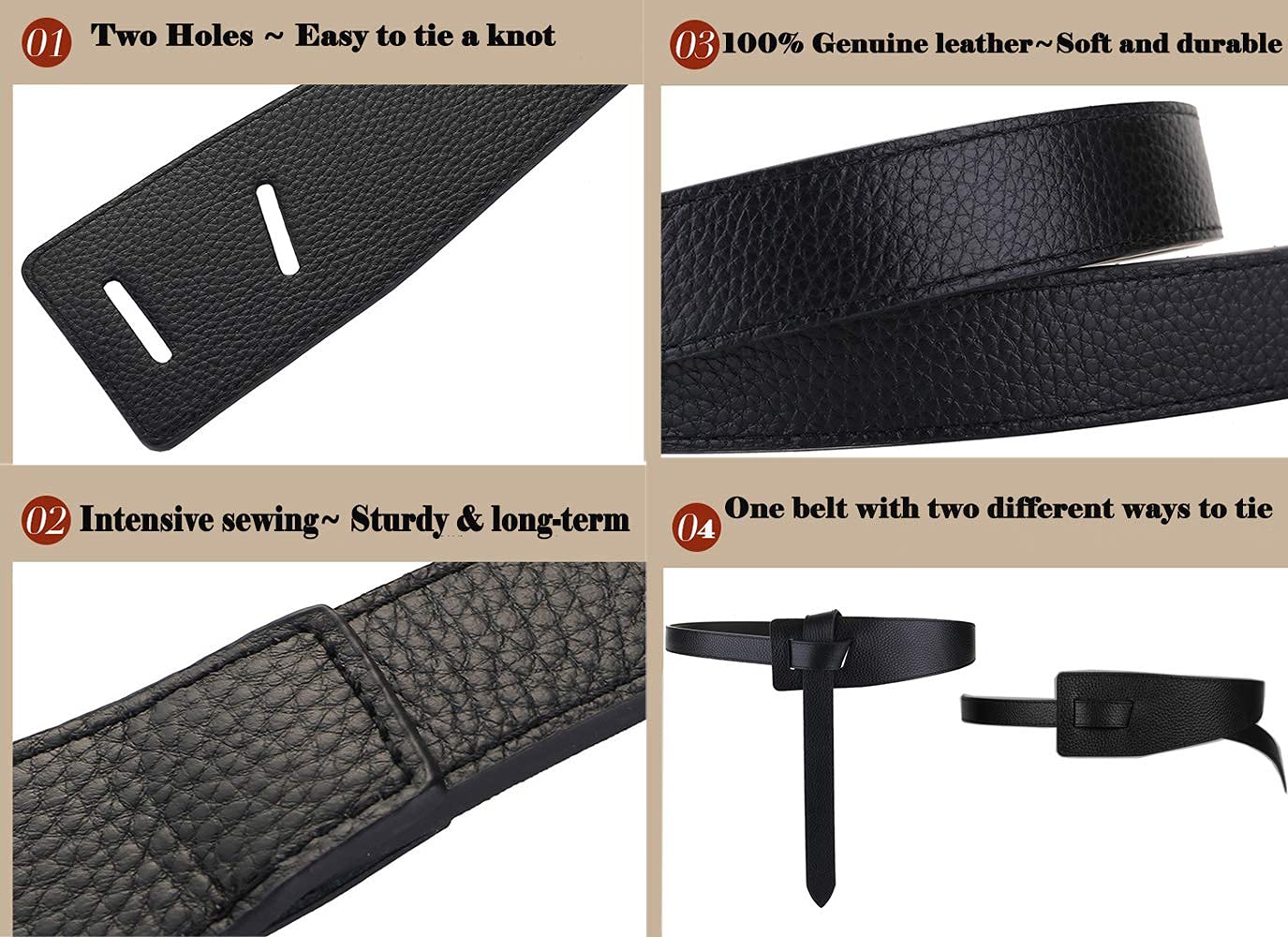 ALAIX Women's Leather Belt Dress Belt for Jeans Jumpsuit Coat Fashion Tie a Knot Genuine Leather Waist Belt Black