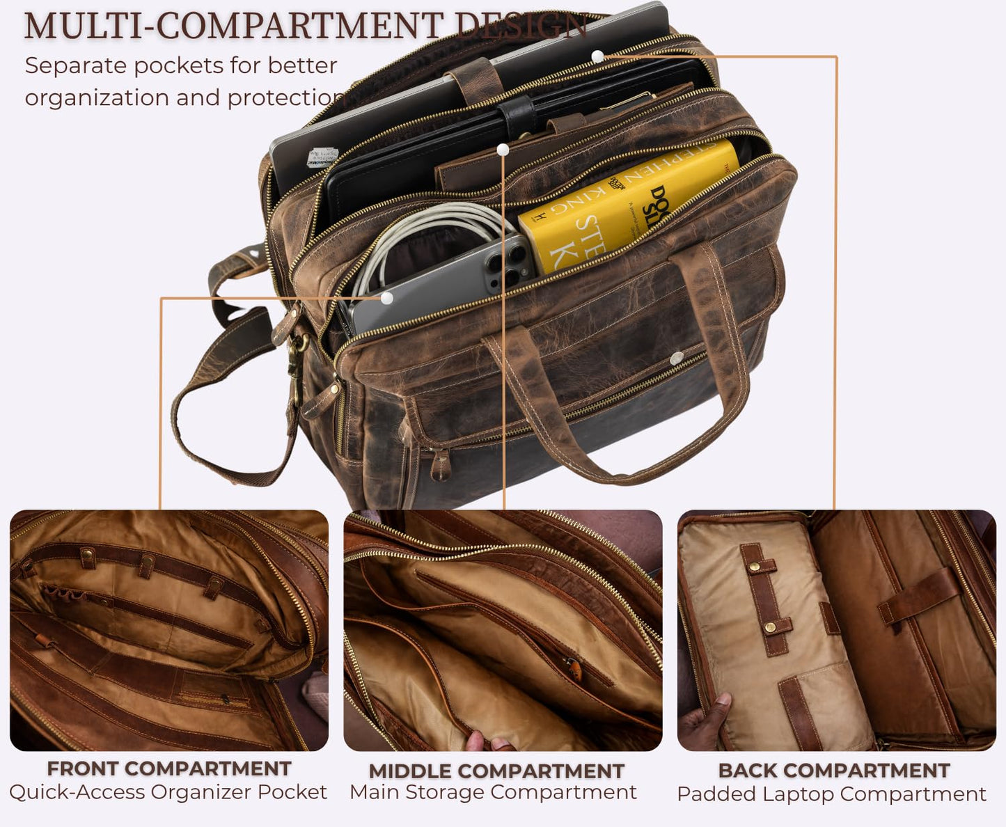Brown Leather Messenger Bag for Men, Genuine Leather Briefcase Fits 15 Inch Work Satchel for Office, Business, and Travel Use