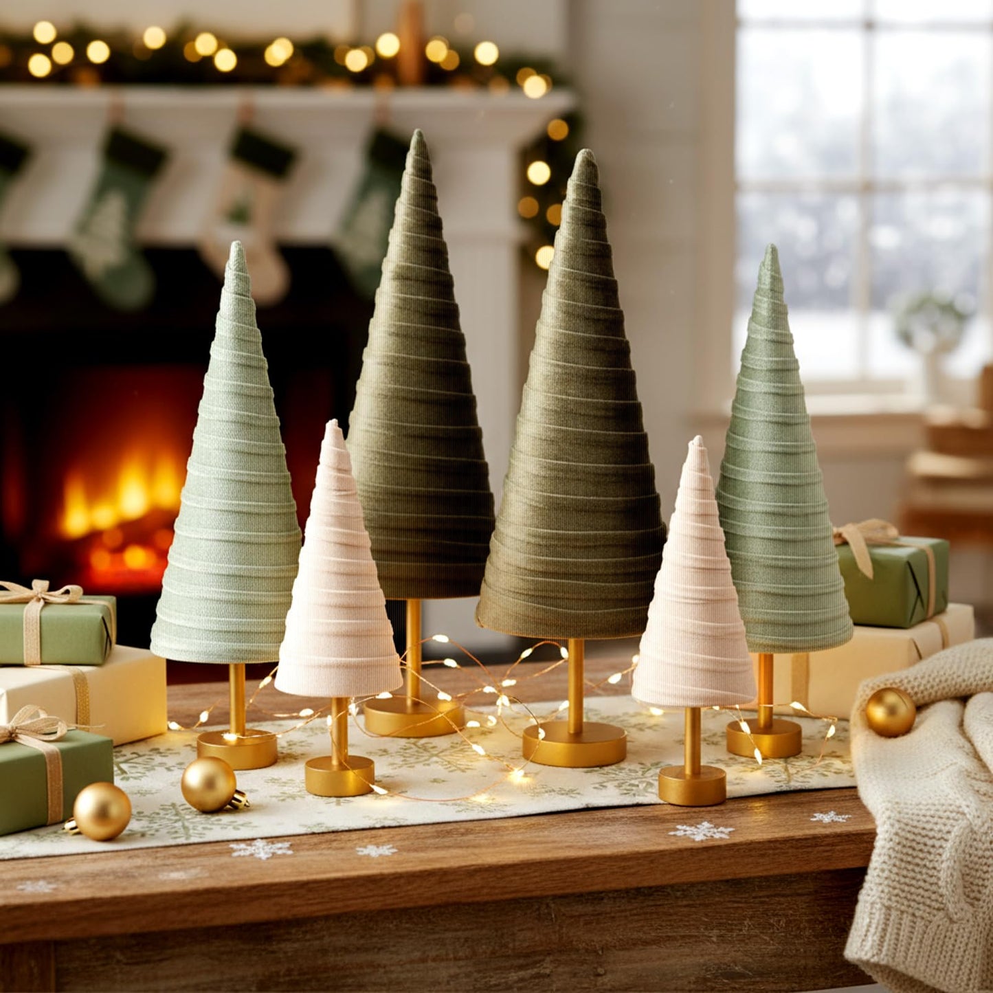 Hoolerry 6 Pcs Christmas Velvet Trees with Gold Pedestal Christmas Velvet Cones Tree Mantel Decor Modern Rustic Winter Home Minimalist for Holiday Entryway Table Wedding Centerpiece(Brown Green)