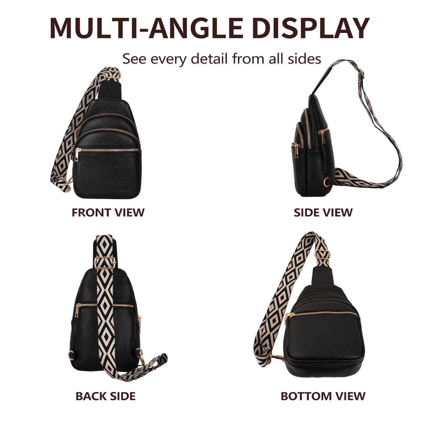 MLHUA Small Crossbody Sling Bag For Women and Men Vegan Leather Chest Purses Fanny Pack Unisex (Black)