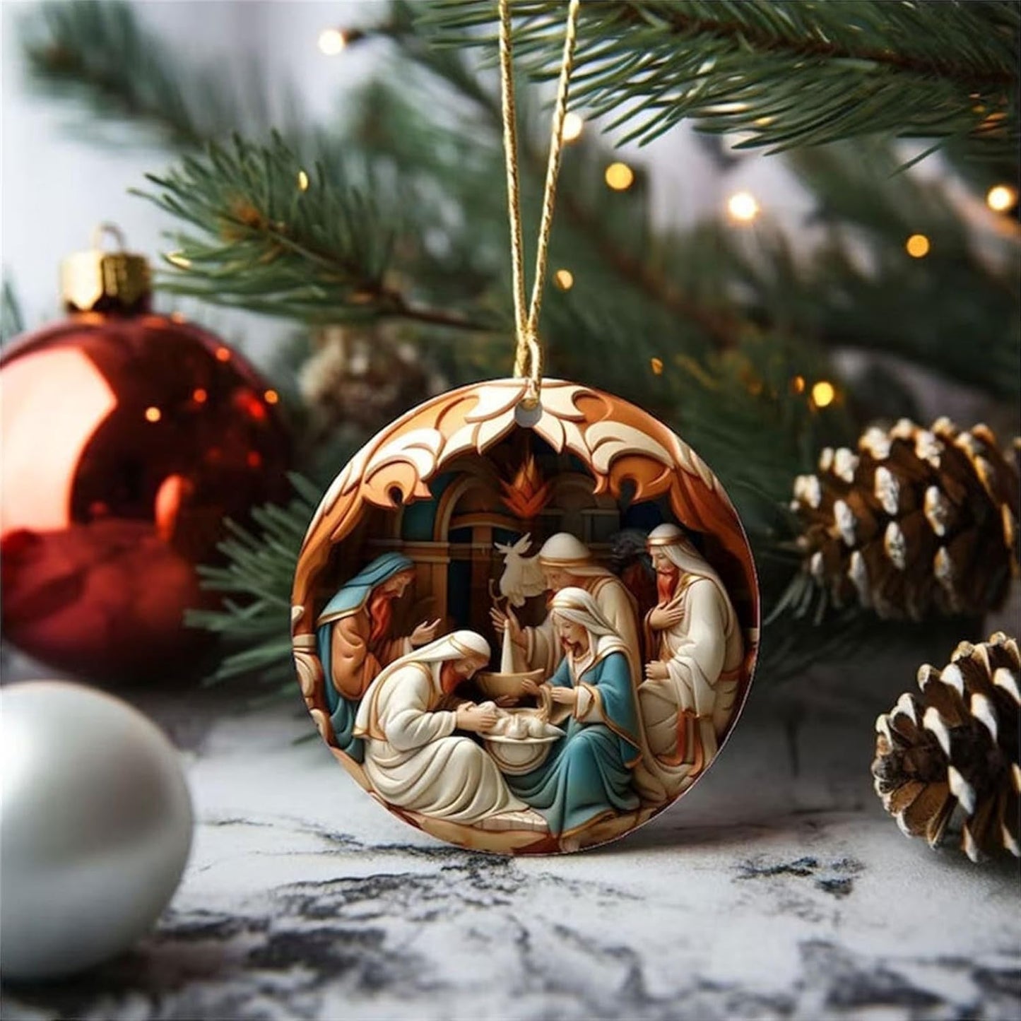 6 Pack Nativity Scene Ornaments - 3.15'' Diameter & Gifts Boxed Keepsake | Christmas Tree Nativity Scene Hanging Ornaments, The Birth of Jesus Decor, Religious Gifts for Christian & Family