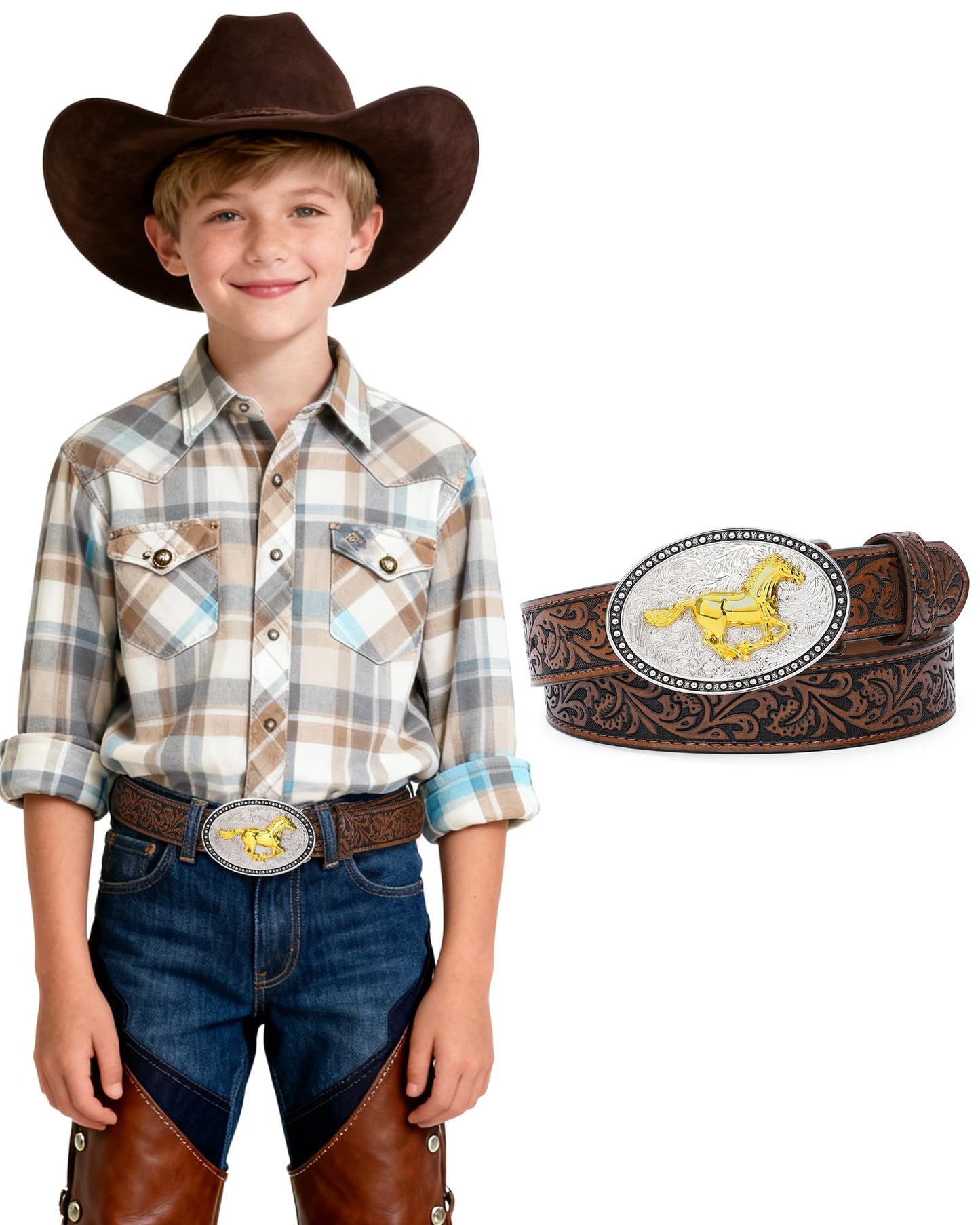 AWAYTR Kids Western Belt with Detachable Buckle - PU Leather, 3 Sizes (23"-34.5"), Adjustable for Daily Wear & Halloween (Horse Buckle-Dark Brown, Fit Waist: 30.5"-35")