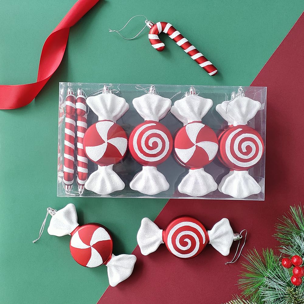12Pcs Christmas Lollipop Candy Cane Ornaments, Hanging Christmas Tree Crafts 6.5Inch Red White Fake Pendant for Xmas Tree Decor New Year Home Party Supplies
