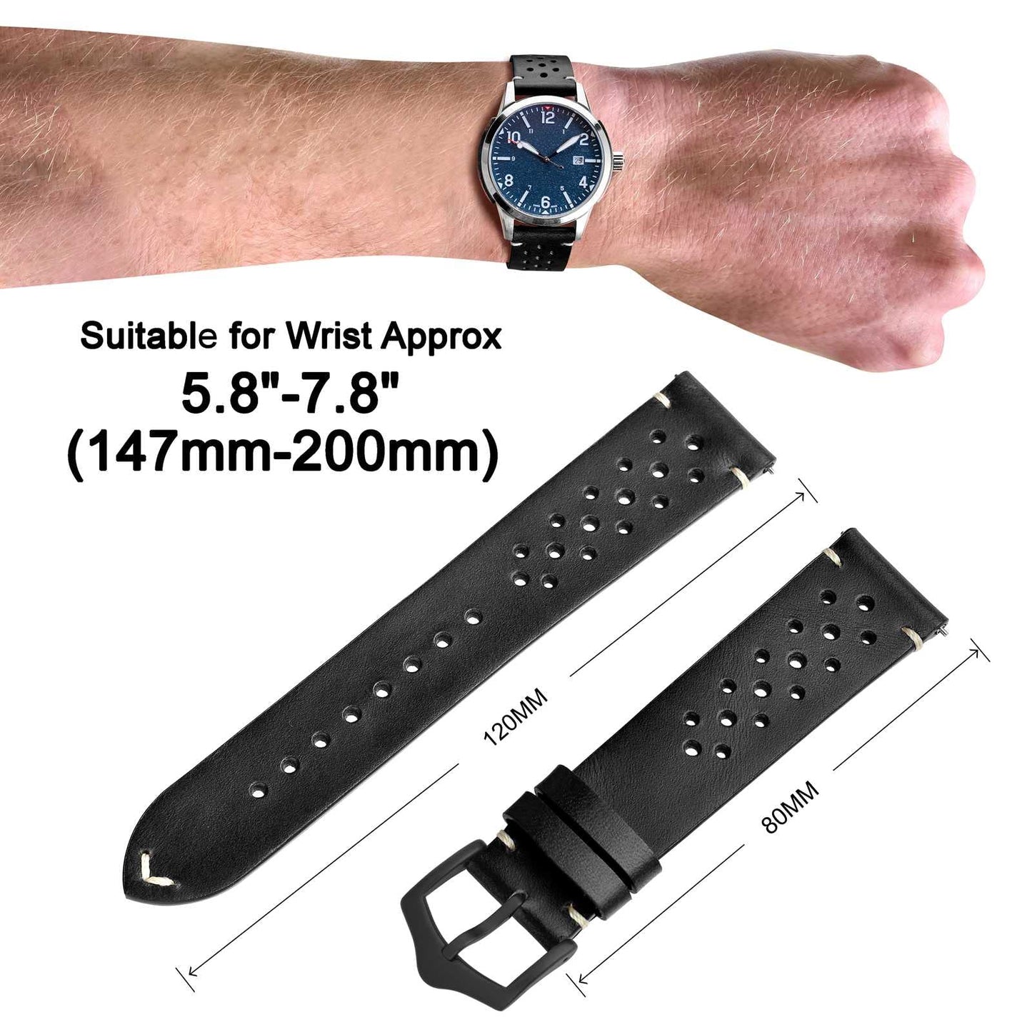 ANNEFIT Vintage Leather Watch Strap 18mm, Quick Release Replacement Band for Men and Women with Black Buckle (Black)