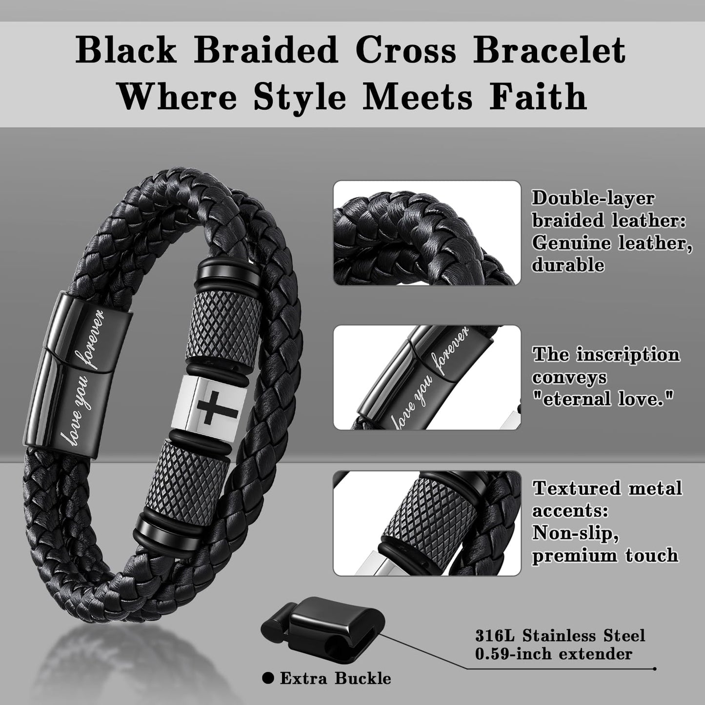 Leejory Christian Cross Bracelet for Men, Double-Row Braided Genuine Black Leather Multi-layer Cuff Bracelet Adjustable Wristband, Catholic Religious Jewelry Baptism Easter Gifts for Young Men Teenage
