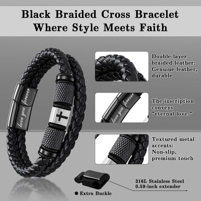 Leejory Christian Cross Bracelet for Men, Double-Row Braided Genuine Black Leather Multi-layer Cuff Bracelet Adjustable Wristband, Catholic Religious Jewelry Baptism Easter Gifts for Young Men Teenage