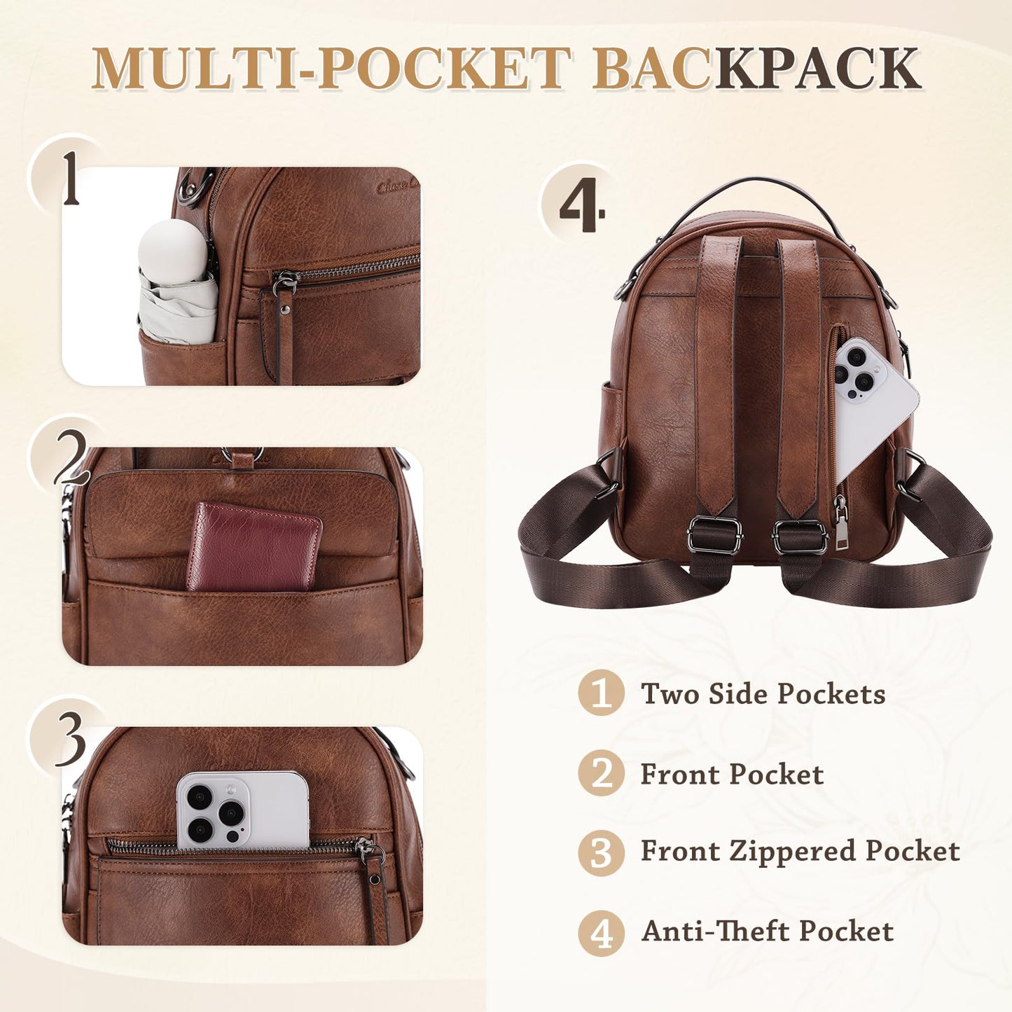 Chase Chic Mini Backpack Purse for Women, Vegan Leather Cute Small Backpack Ladies Fashion Shoulder Handbag for Travel Brown