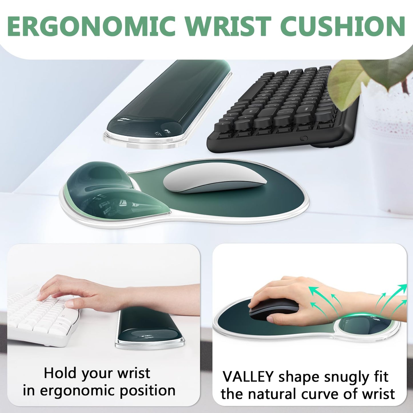AKIT Ergonomic Mouse Pad with Wrist Rest& Keyboard Wrist Rest, Wrist Rest for Computer Keyboard, Pain Relief, Non-Slip Gel Base, Mousepad Wrist Support for Gaming, Office, Waterdrop Shaped Green