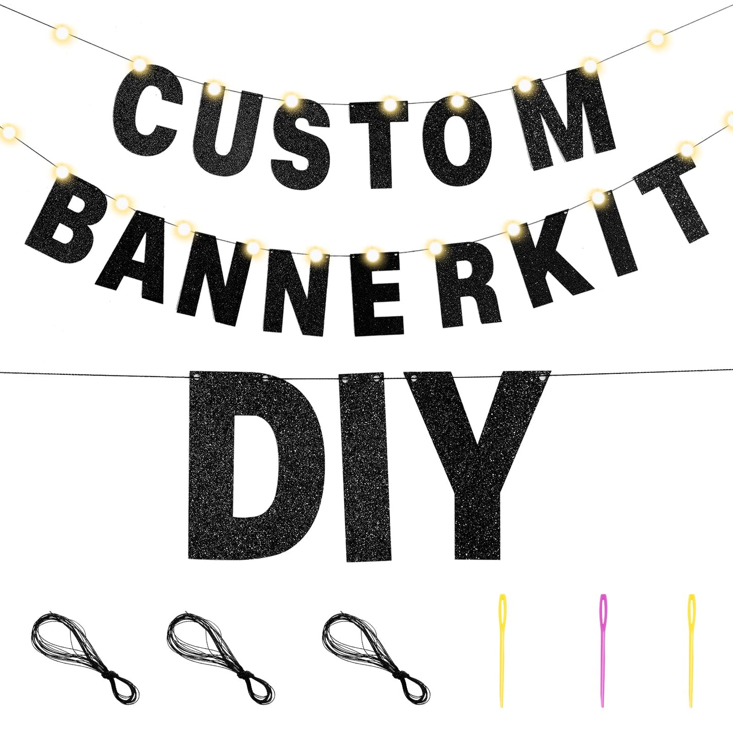 TaoBary 112 Pcs DIY Letter Kit Glitter Customizable Banner Letters Include 107 Letters and Numbers 3 Rope and 2 Needles for Birthday Halloween Christmas Wedding Valentine Party Decor(Black)