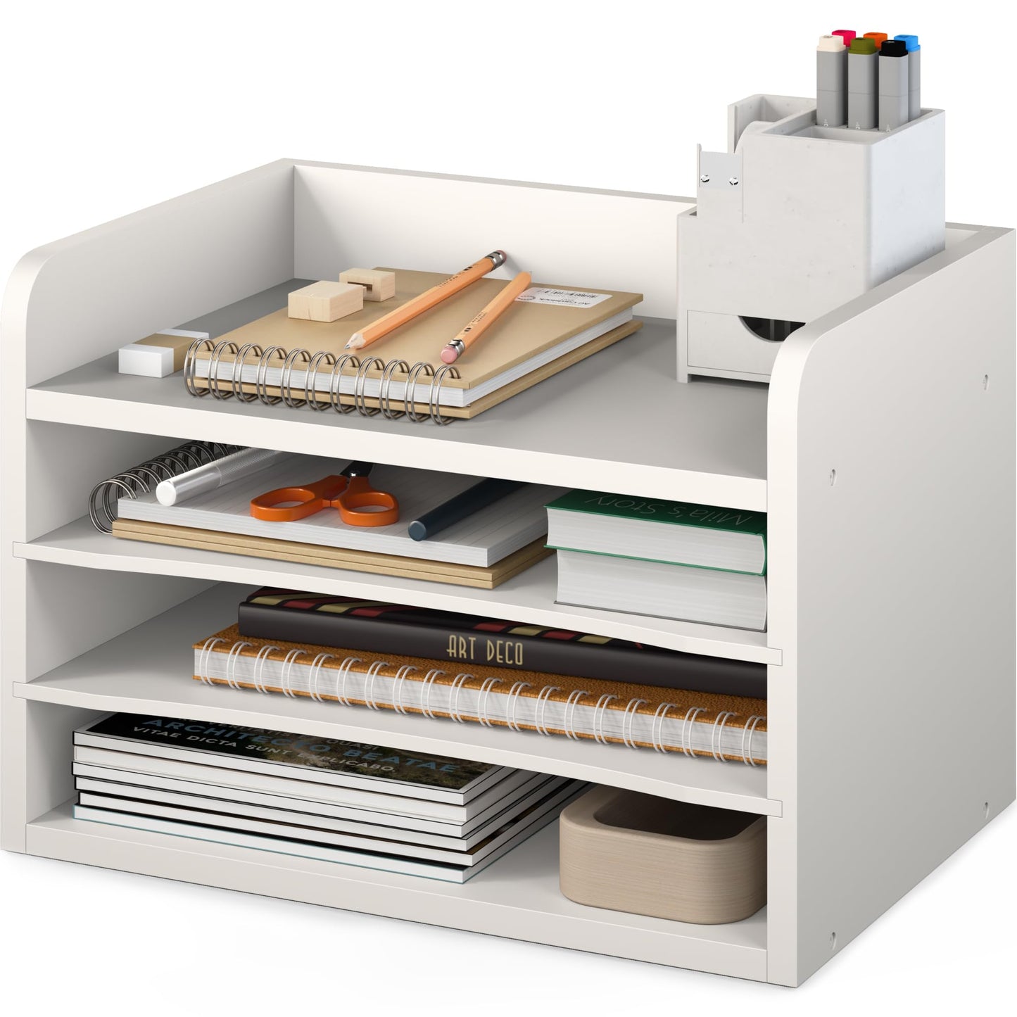 Ballucci File Organizer, 4-Tier Office Desk Organizer, Open Top Wood Paper Organizer for Classroom, Mail Sorter Paper Tray with Adjustable Storage Shelves, White