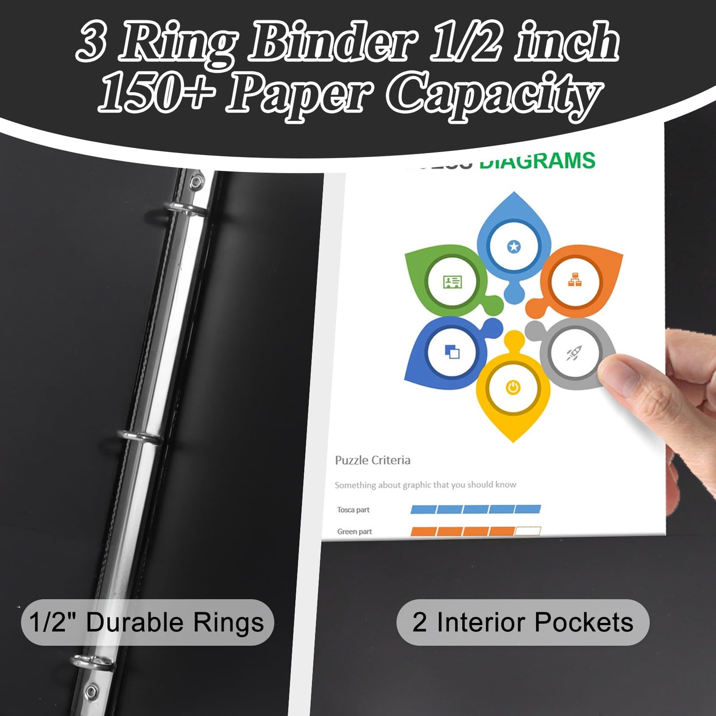 CIXILDTS 0.5-inch Round Ring Binder, Durable 1/2" 3 Ring Binder Fit Letter Size Paper, Presentation View Binders, Black,12-Pack