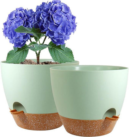 8 inch Self Watering Pots, 2 Pack Plastic Planters with Mesh Drainage Holes for Garden Plants and Flower, Plants Pots with Deep Reservoir for Indoor Outdoor Plants, Green with Brown