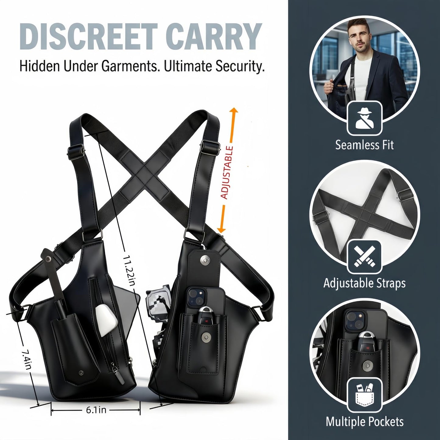 Anti-Theft Shoulder Holster Bag for Men, Double Shoulder Armpit Chest Bag - Premium Leather, Adjustable Straps, Phone Wallet Pocket - Travel, Outdoor - Unisex Underarm Pouch (Black)