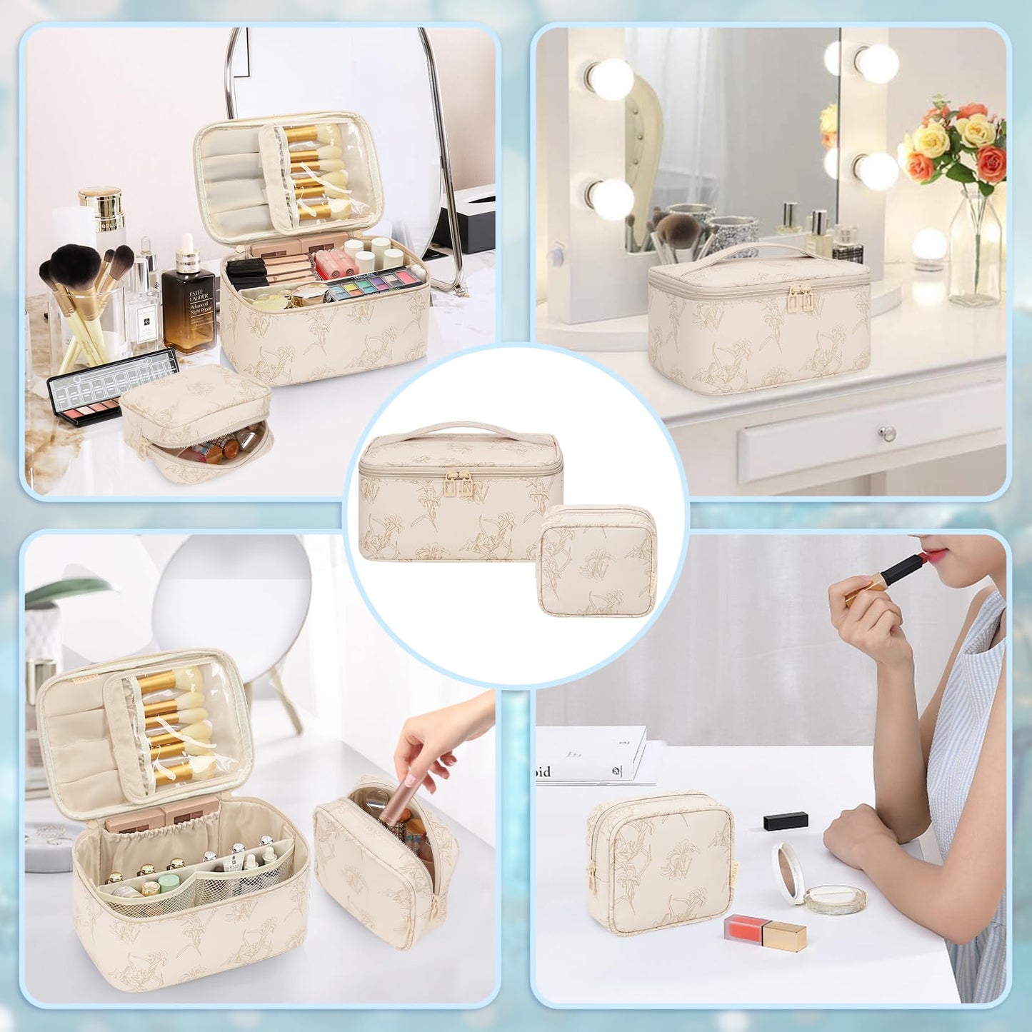 OCHEAL Makeup Bag Set, Portable Travel Makeup Bags Cosmetic Organizer Bag for Women Cute Floral Cosmetic Pouch Large Capacity Make up Bag PU Leather Toiletry Bags with Divider and Handle-Beige