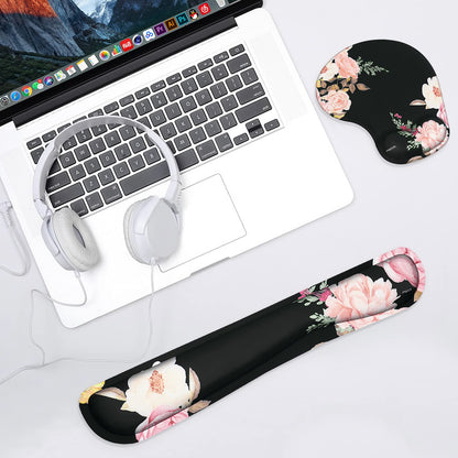 MOSISO Wrist Rest Support for Mouse Pad&Keyboard Set, Curved Peony Ergonomic Mousepad&Coaster Non-Slip Base Home/Office Pain Relief&Easy Typing Cushion with Neoprene Cloth&Raised Memory Foam, Black
