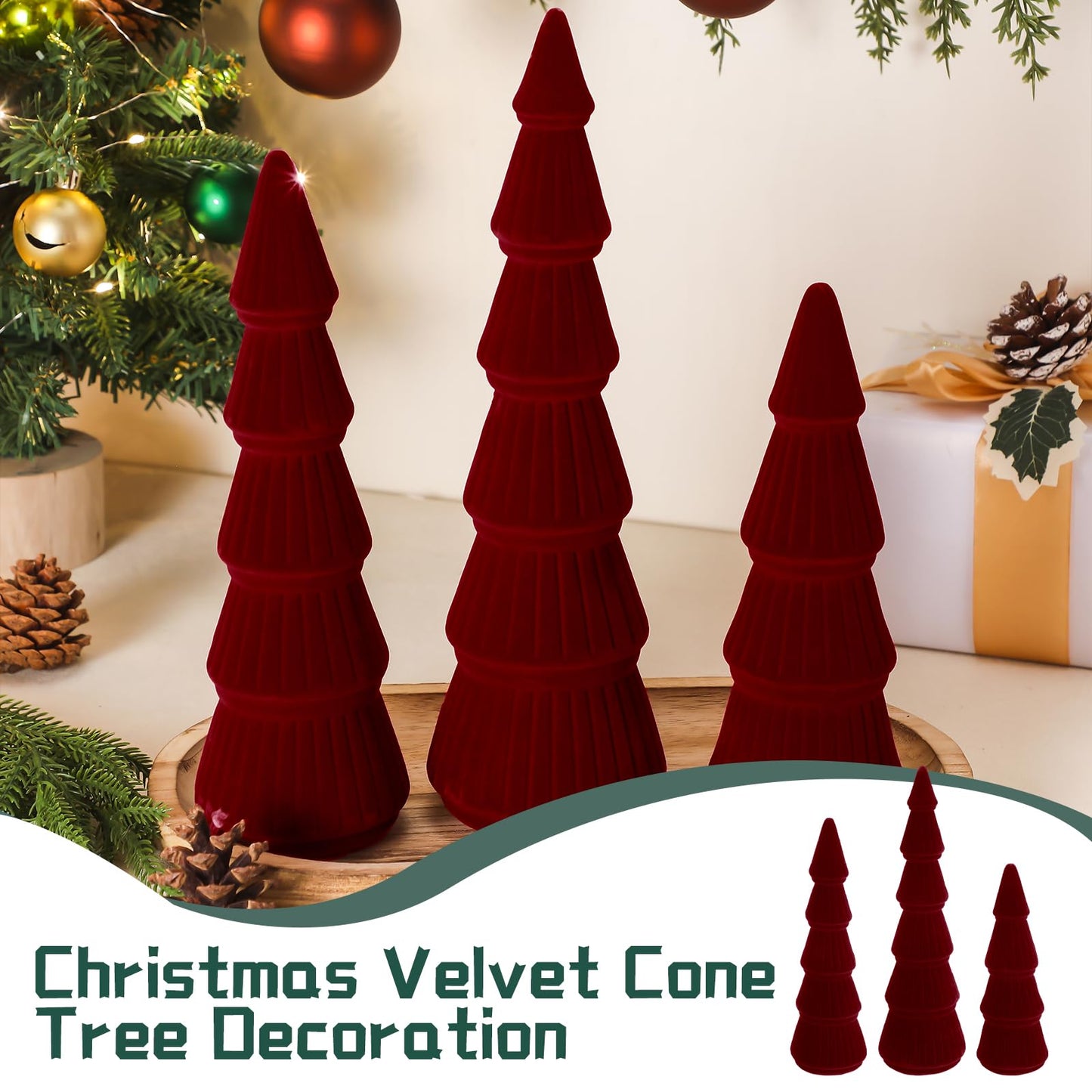 Bucherry 3 PCS Velvet Christmas Tree Figurines Decoration - 8" 10" 14" Modern Cone Christmas Tabletop Home Rustic Centerpiece Set for Winter Holiday Mantel Entryway Party Decor(Burgundy)