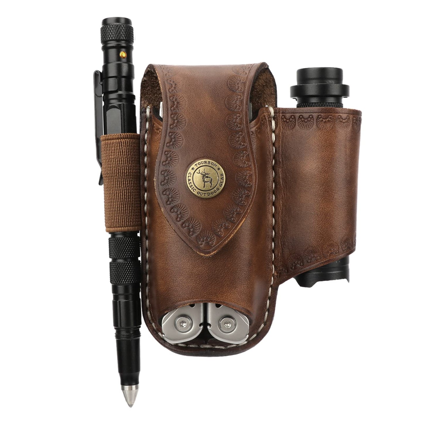 Leather EDC Belt Organizer - Handmade Multitool Sheath for Men, Tactical EDC Pouch with Flashlight Holder, Pen Holder & Belt Clip - Gifts for Men, Fits Folding Knife & Tools (Brown)
