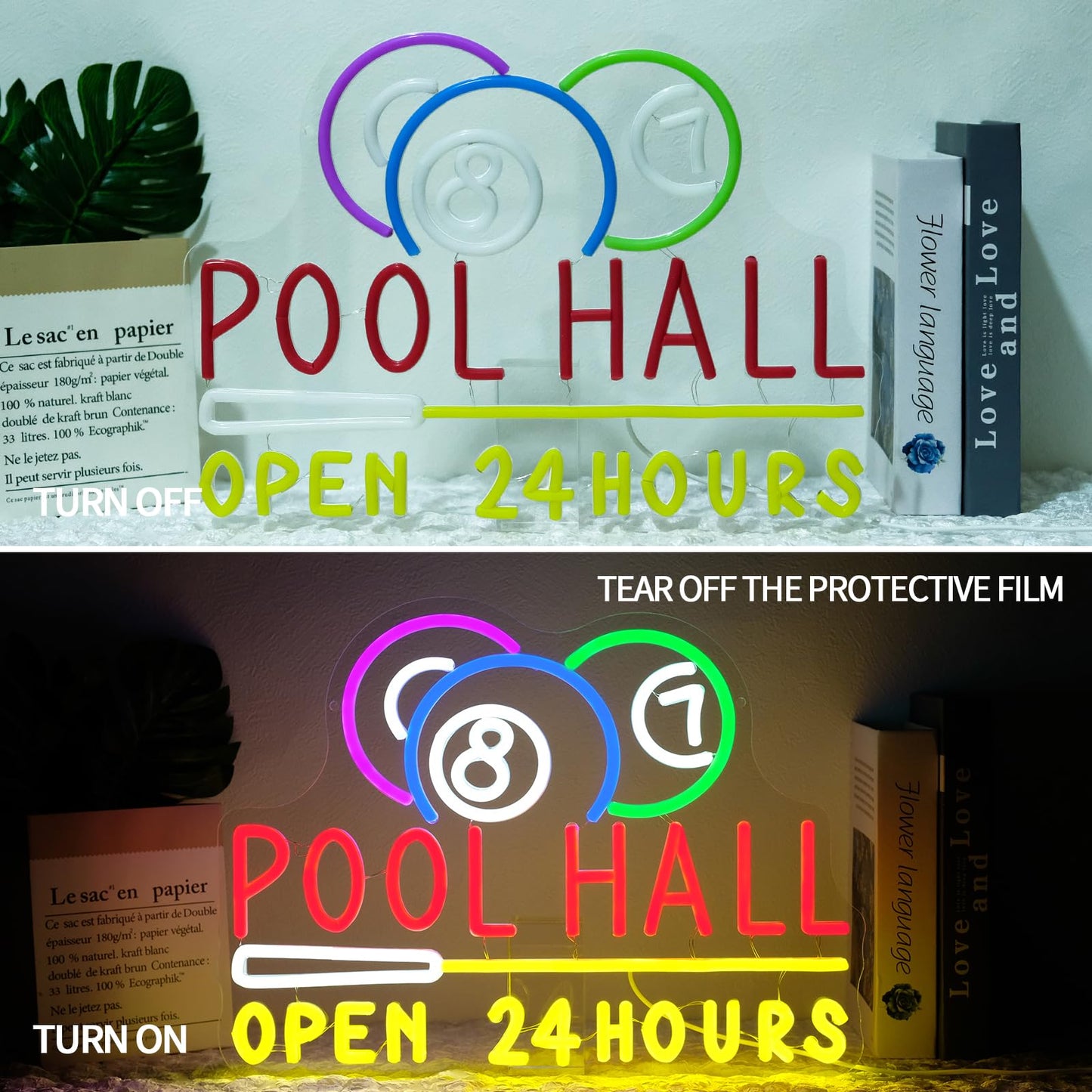 Runalosa Pool Hall Open 24 Hours Neon Sign Dimmable Billiards Neon Light Sign for Wall Decor Snooker Led Signs for Home Bar Game Room Party Man Cave Club Business Decor Gift for Man 16.5" x 12.3"