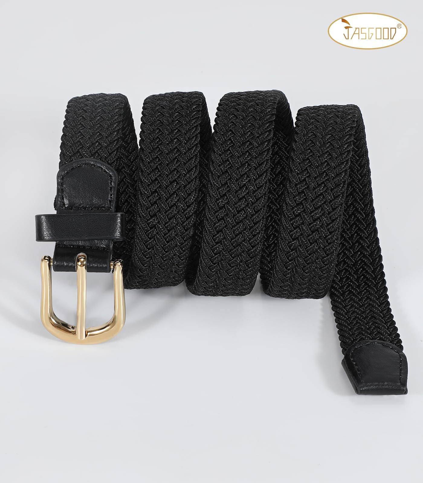 JASGOOD 2 Pack Braided Belts for Women, 1'' Narrow Width Elastic Woven Stretch Fabric Cloth Belts with Gold Buckle