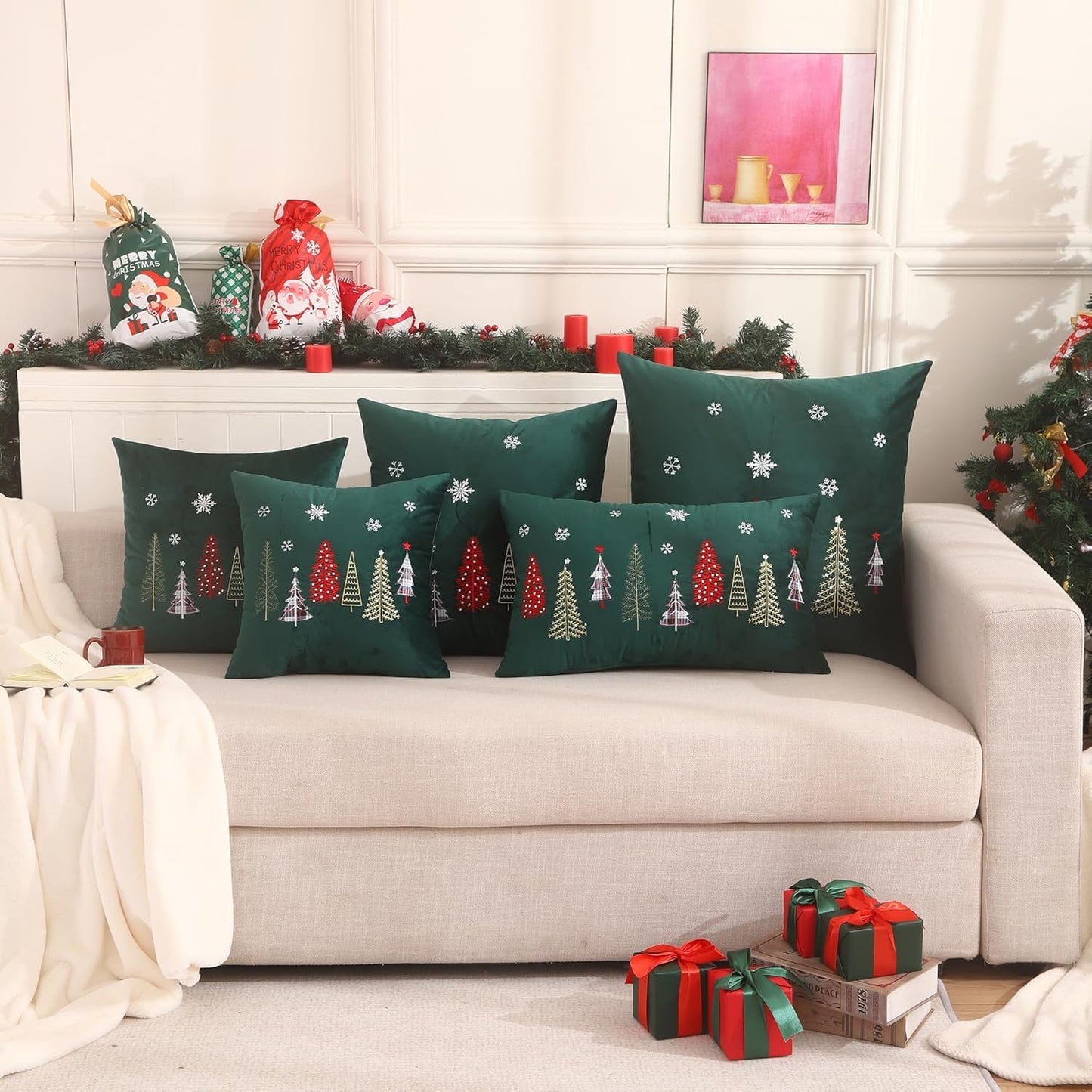 Tosleo Christmas Embroidery Throw Pillow Covers 20 x 20 inch Set of 2 Christmas Decor Velvet Pillowcases Forest Green Xmas Trees Cushion Pillow Cases Soft Square Holiday Pillowcase