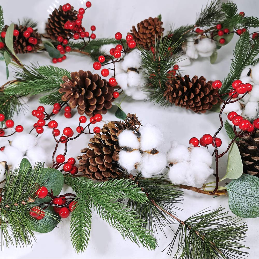 Artificial Christmas Pine Garland with Berries Pinecones Spruce Eucalyptus Leaves Cotton Balls Winter Greenery Garland for Holiday Season Mantel Fireplace Table Runner Centerpiece Décor 6 feet