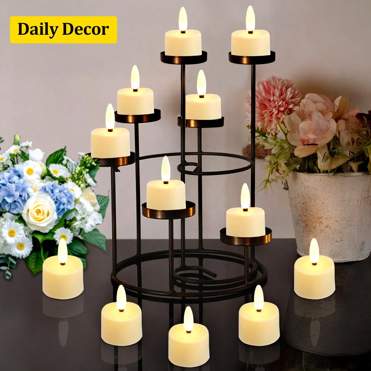 IMAGE 12-Pack Rechargeable Flameless Tea Lights with Charging Base Remote & Timer, Realistic 3D Flickering LED Candles for Home Decor, Weddings, Halloween and Christmas(1.53" x 2.17")