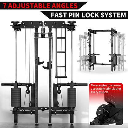 JEEKEE Folding Wall Mounted Power Rack with 180LB Weight Stack, 2400LB 2×3 Heavy Duty Squat Rack, Dual Cable Crossover System 1:1 Ratio, Functional Trainer for Home Gym Small Space,Black