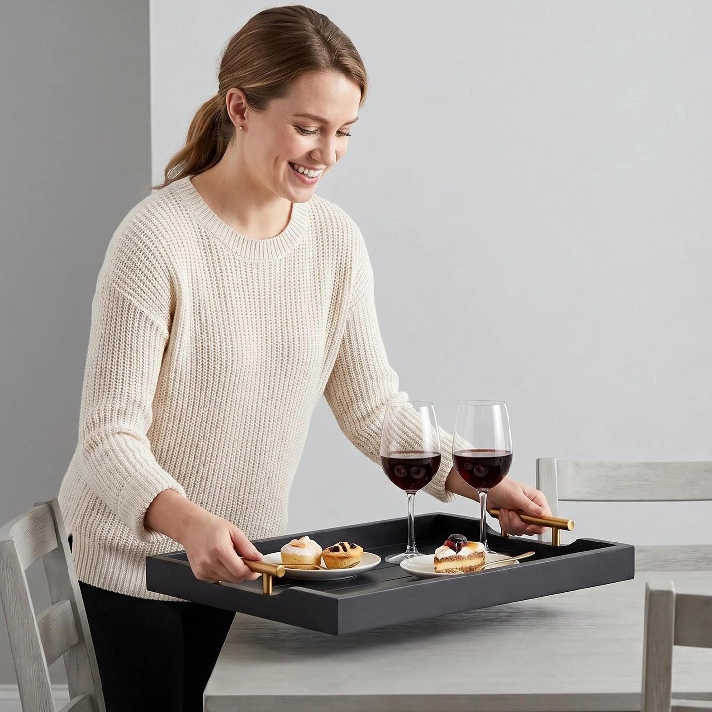 ComfyTune Wood Serving Tray with Metal Handles, 17x13in Large Wooden Tray for Ottoman, Coffee Table, Breakfast, Dinner & Bar, Decorative Tray for Living Room, Bedroom, Bathroom and Kitchen, Black