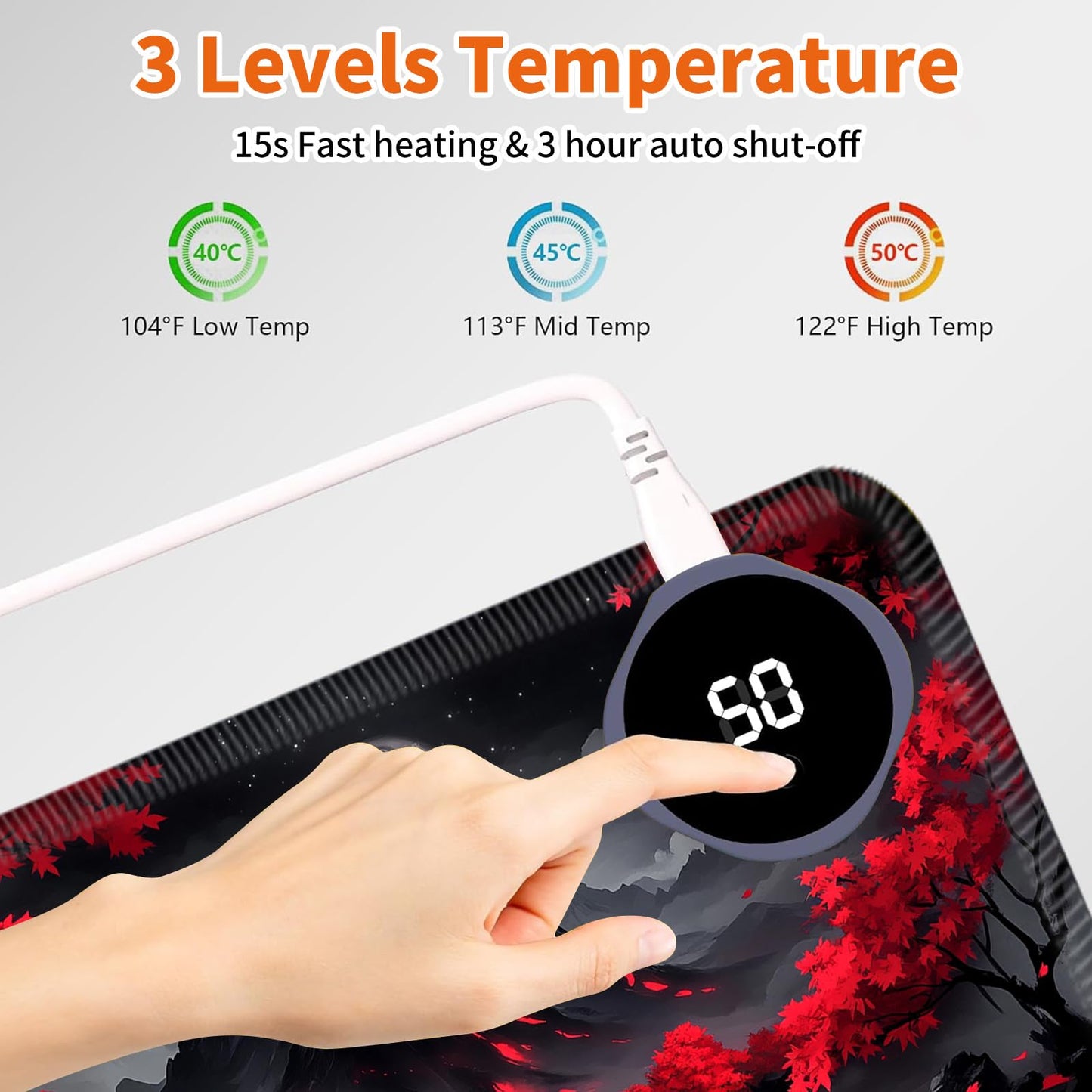 LYHXLYJH Heated Mouse Pad,Warm Desk Pad with 3 Levels Heating & 3 Hours Auto Shut-Off, PU Leather Heated Desk Pad Warmer Pad for Home Office - 31.5 x 13 inch,Red Tree Moon