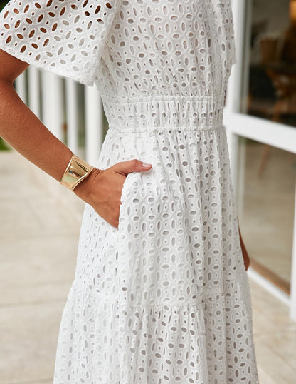 ZESICA Women's 2025 Summer Short Sleeve Maxi Dress Casual V Neck Hollow Out Eyelet Ruffle Swing A Line Long Dresses,White,Small
