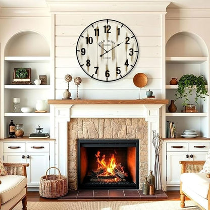 Farmhouse White 30 Inch Wooden Large Wall Clock, Silent Non-Ticking Quartz Movement, Battery Operated Modern Rustic Clock for Living Room, Kitchen, Office, Home Decor